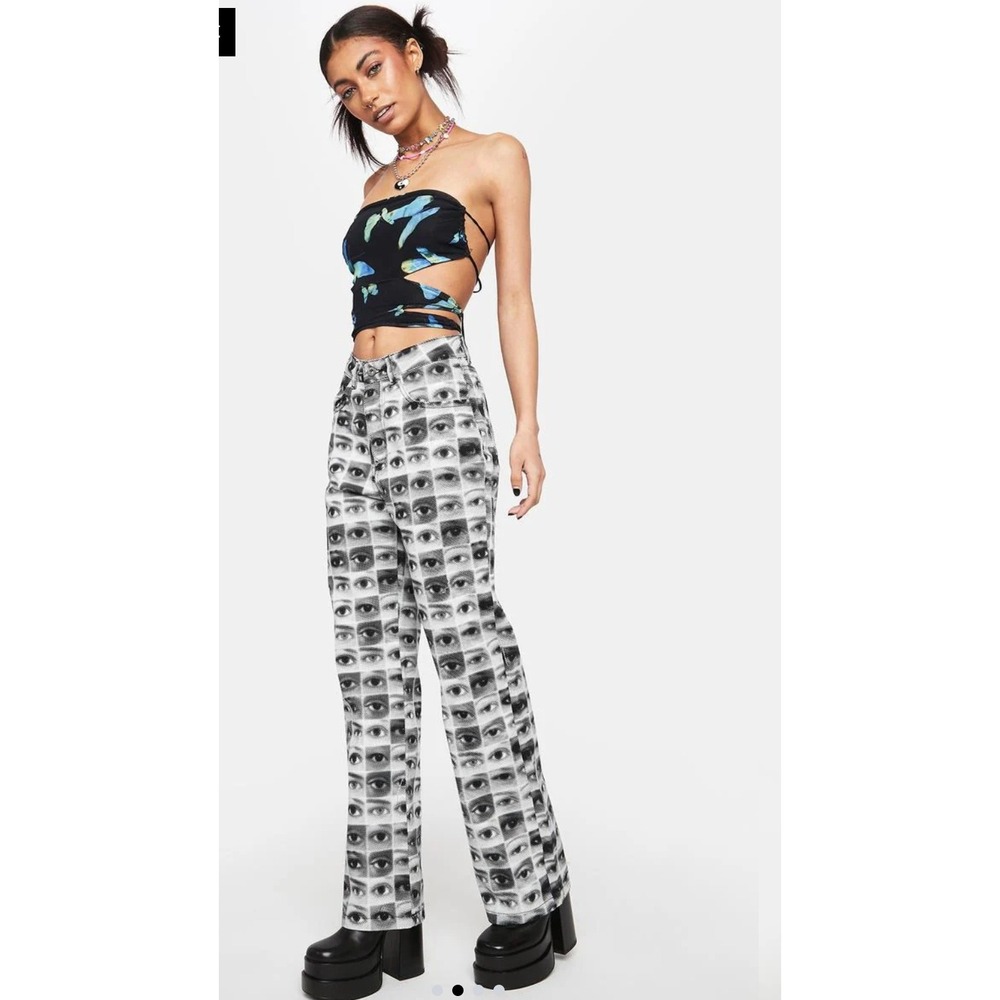 The Ragged Priest Eye Print Jeans White Black Graphic Bold Straight Leg Size 8